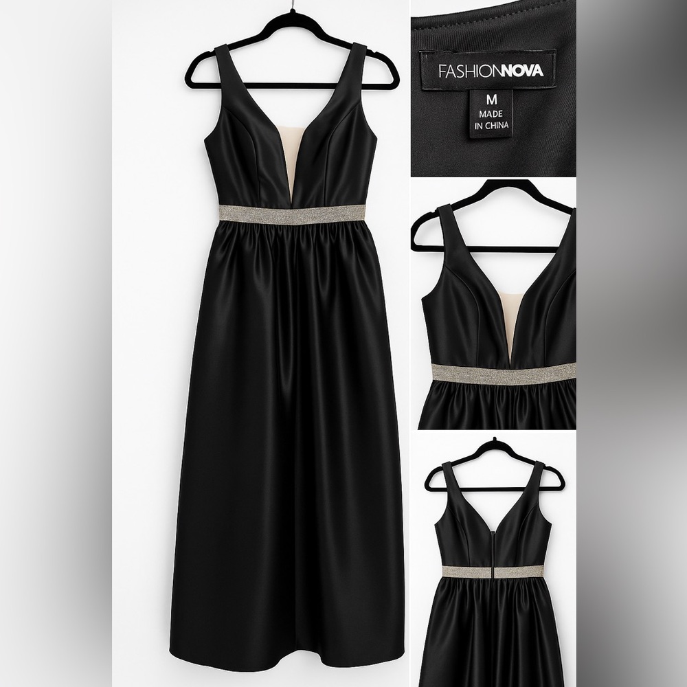 Fashion Nova Black Satin Gown with Silver Waistband – Size M